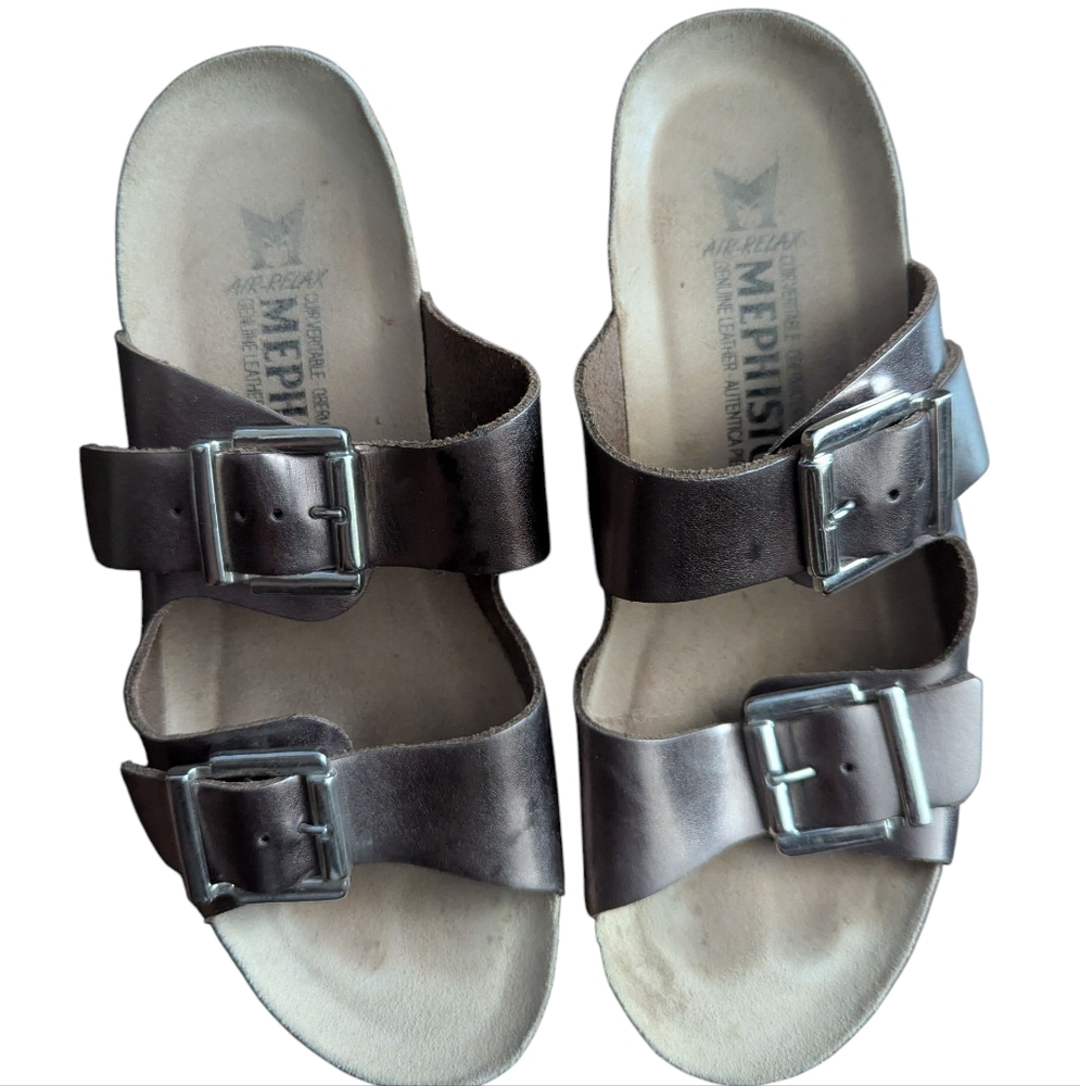Mephisto Shiny Bronze Buckle Wedge Sandals - Picture 2 of 10